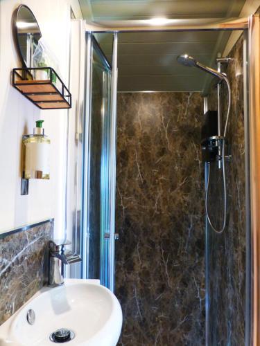 a bathroom with a sink and a shower at Hay-on-Hye retreat in Hay-on-Wye