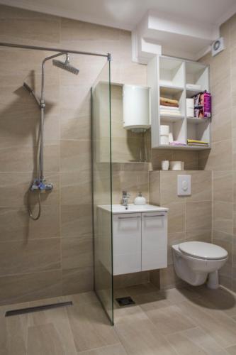 Un baño con ducha, inodoro y lavabo. en Mina Studio Apartment Budva, en Budva