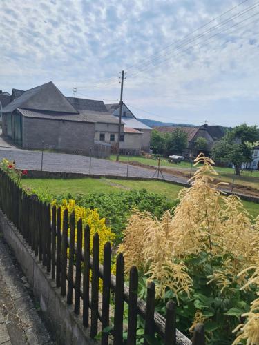 a yard with a fence and a garden with yellow flowers at Pension Larifari in Drees