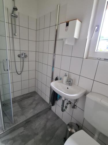 a bathroom with a shower and a sink and a toilet at Pension Larifari in Drees