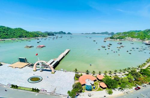an aerial view of a beach with boats in the water at Sea Pearl Cat Ba Hotel in Cat Ba