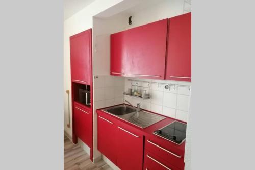 eine rote Küche mit einer Spüle und roten Schränken in der Unterkunft Appartement 4 personnes Serre Chevalier Montagne/Contemporain Refait à neuf in La Salle Les Alpes
