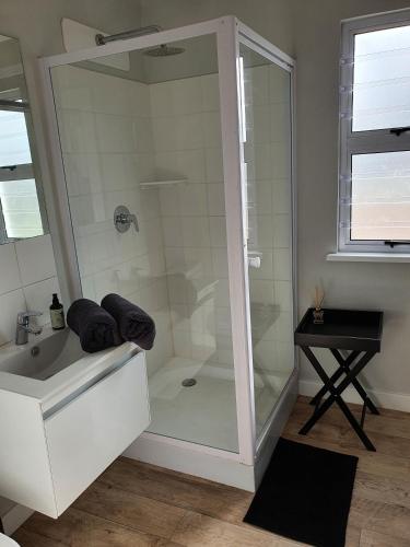 a bathroom with a shower and a sink at Coral Cottage in Struisbaai