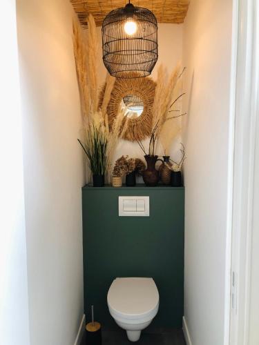 a bathroom with a toilet and a green wall at Appartement Beau Séjour - Accès Piscine in Criel-sur-Mer