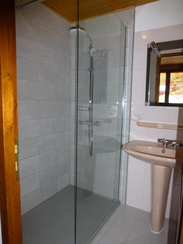 a glass shower in a bathroom with a sink at Les Saisies coté Légette appartement dans chalet LE NEPAL in Les Saisies