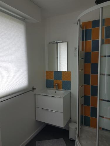 une salle de bain avec un lavabo et un miroir dans l'établissement Le COCON CABOURGEAIS, à Cabourg