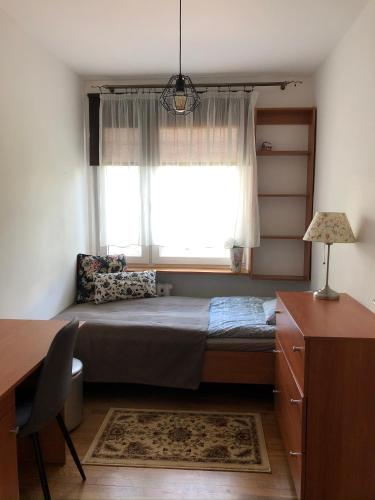 a bedroom with a bed with a window and a desk at Apartament Siewna-moje miejsce na idealne wakacje in Kraków