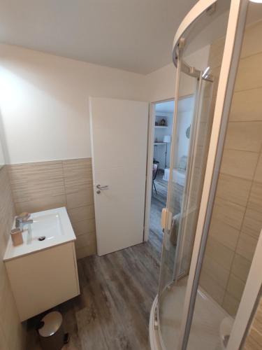 une salle de bain avec douche et lavabo dans l'établissement Appartement climatisé avec balcon,wifi, proche remparts, à Avignon