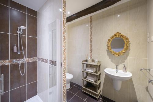 a bathroom with a sink and a toilet and a mirror at La Closerie Saint-Vincent, chambres d'hôtes Amboise in Pocé-sur-Cisse