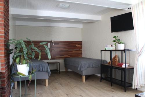 a bedroom with two beds and a flat screen tv at Mono House in Rusnė