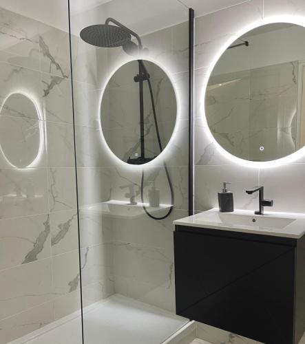 une salle de bain avec un lavabo et deux miroirs dans l'établissement Appart&Spa Devosge, à Dijon