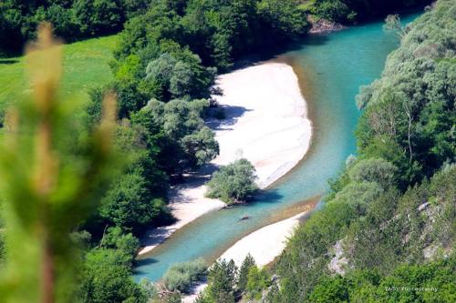 an aerial view of a river with trees and a beach at Exo Log Cottage in Jezero