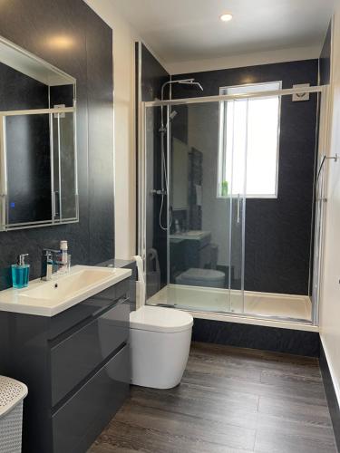 y baño con aseo, lavabo y ducha. en Premier 3 Bed Flat D, en Broxburn