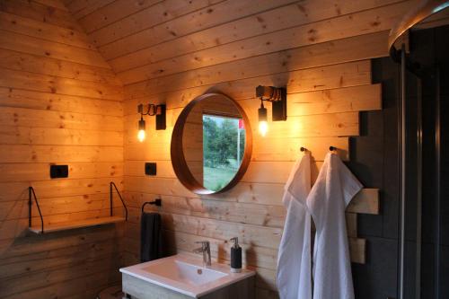 a bathroom with a sink and a mirror at Hiška-Glamping in Ajdovščina