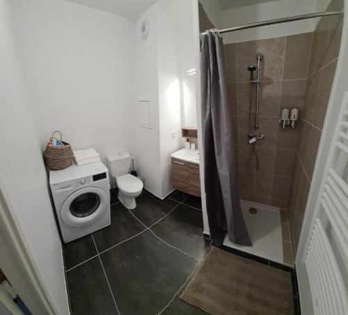 y baño con ducha, aseo y lavadora. en Appartement Plage Prado/Vélodrome, en Marsella