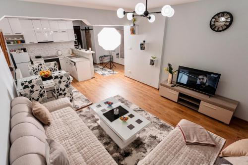 Una sala de estar con un sofá y un televisor. en Apartmani IN Zlatar, en Nova Varoš