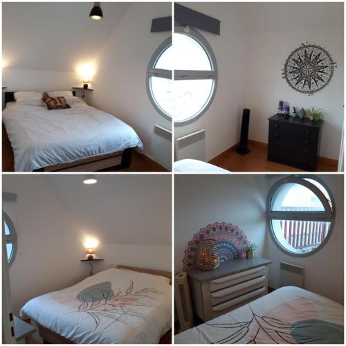 Quatre photos d'une chambre avec deux lits et une fenêtre dans l'établissement 192 rue de l’Impératrice, à Berck-sur-Mer