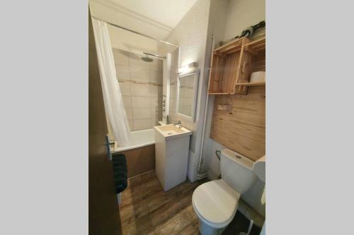 uma pequena casa de banho com WC e lavatório em Très charmant studio Plage du Penon em Seignosse