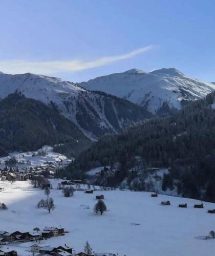a snow covered valley with mountains in the background at FeWo Gotschna Haus Bargis in Klosters Dorf