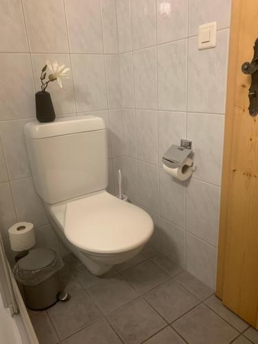 a bathroom with a toilet with a flower on top of it at FeWo Gotschna Haus Bargis in Klosters Dorf