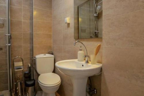 a bathroom with a toilet and a sink at Mickitos Apartments at Macedonia Square in Skopje