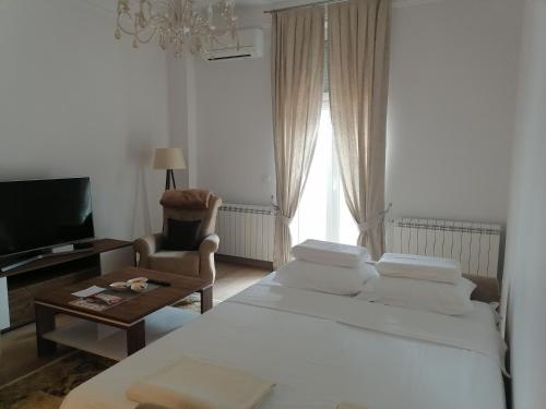 a bedroom with a bed and a tv and a chair at Beograd centar in Belgrade