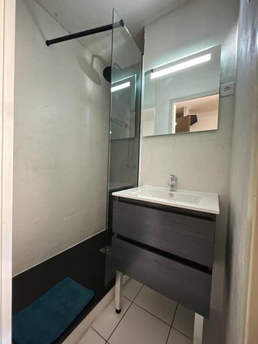 une salle de bain avec un lavabo et une douche en verre dans l'établissement LOuréa studio 4 pers retour skis au pieds, à Les Deux Alpes