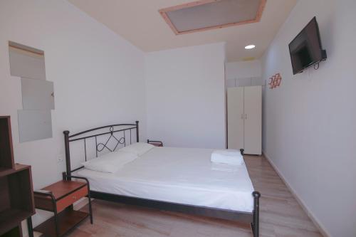 a bedroom with a bed and a tv on a wall at Orfeas Studios in Vasiliki