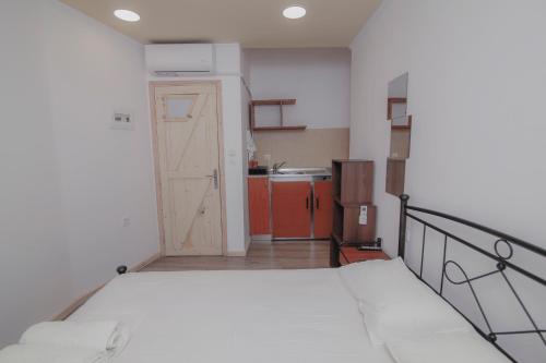 a small room with a bed and a kitchen at Orfeas Studios in Vasiliki