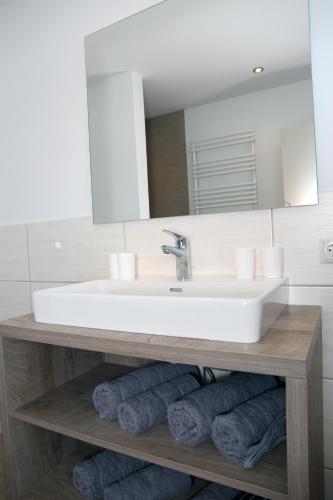 a bathroom with a white sink and a mirror at Appartement Bär in Eben im Pongau