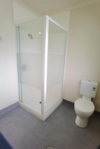 a bathroom with a toilet and a glass shower at Harringtons Motor Lodge in Palmerston North