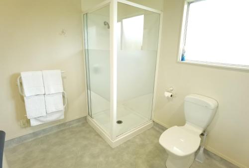 a white bathroom with a shower and a toilet at Harringtons Motor Lodge in Palmerston North