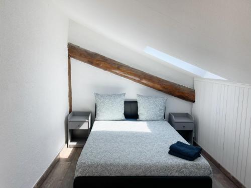 une chambre avec un lit et deux tables de nuit dans l'établissement 017 CHIC & COSY F2 53m2 HYPERCENTRE WIFI SMART TV NETFLIX, à Saint-Étienne