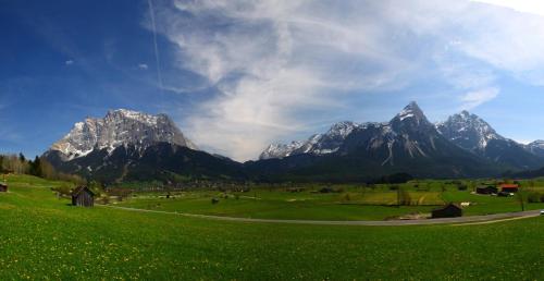 a green field with mountains in the background at Am Sonnenfels in Lermoos