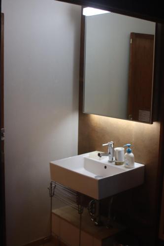 a bathroom with a white sink and a mirror at Gallery Nozawa Inn in Kyoto
