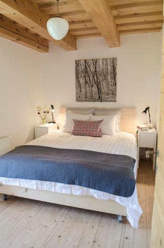 a bedroom with a large bed and wooden ceilings at Dom Pod Lipami in Blatnica