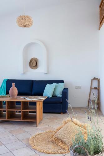 a living room with a blue couch and a coffee table at Eco Beach And Magic Garden Hotel in Gennadi