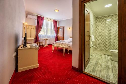 um quarto com uma cama e uma casa de banho com um tapete vermelho em Hotel PrincesSophie em Sighişoara