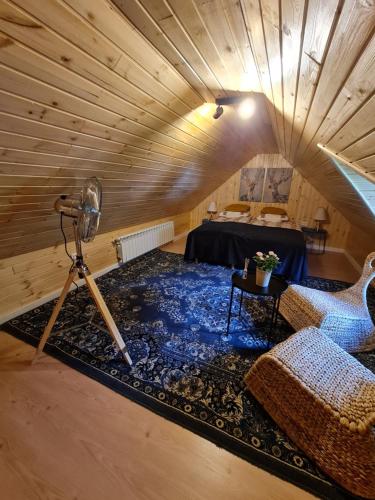 a room with a fan and a table in a room at Chalet Mugure de Brad in Fundu Moldovei