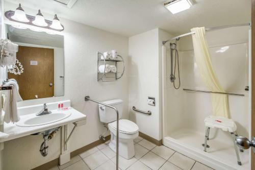 a bathroom with a toilet and a sink and a shower at Econo Lodge, Downtown Custer Near Custer State Park and Mt Rushmore in Custer