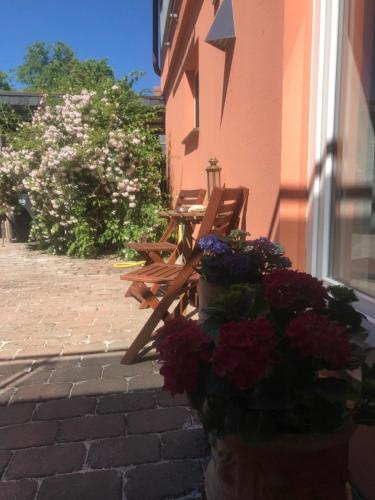 a couple of benches sitting next to a building with flowers at Moderne großzügige Souterrainwohnung Zarrentin Gallin Schaalsee Natur Wald Wasser in Gallin
