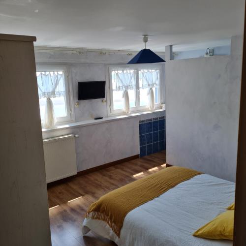 a bedroom with a bed and a tv and windows at Les Mouettes Blessées in Le Crotoy
