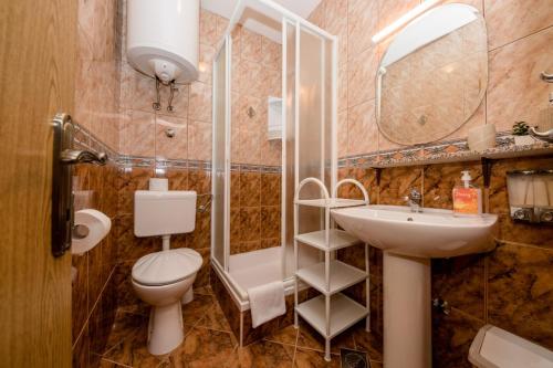 a bathroom with a toilet and a sink and a shower at Apartment in Mundanije with Seaview, Terrace, Air condition, WIFI (3748-1) in Mundanije