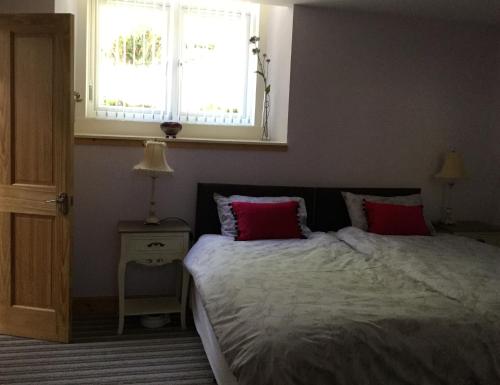 a bedroom with a bed with red pillows and a window at Auld Skuil in Ashkirk
