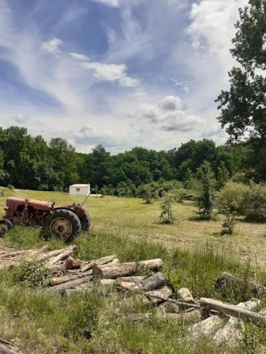 an old tractor sitting in a field with logs at Chambre pranayama in Montcléra