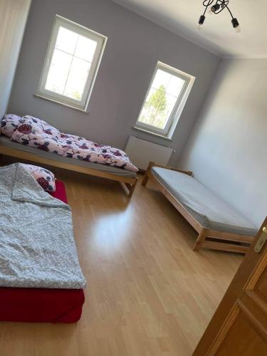 a room with two beds and two windows at Apartament Dąbrówno in Dąbrówno