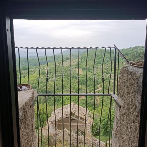 a window with a view of a green field at Casa nella roccia in Bomarzo