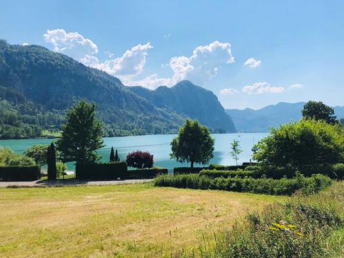 a view of a lake with mountains in the background at Ferienwohnung Attersee-Mondsee in Unterach am Attersee