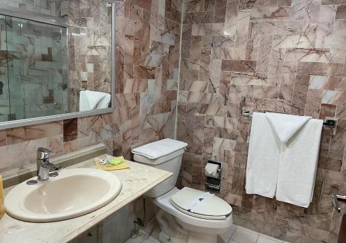 ein Badezimmer mit einem WC, einem Waschbecken und einem Spiegel in der Unterkunft Hotel Victoria Poza Rica by Brahma in Poza Rica de Hidalgo