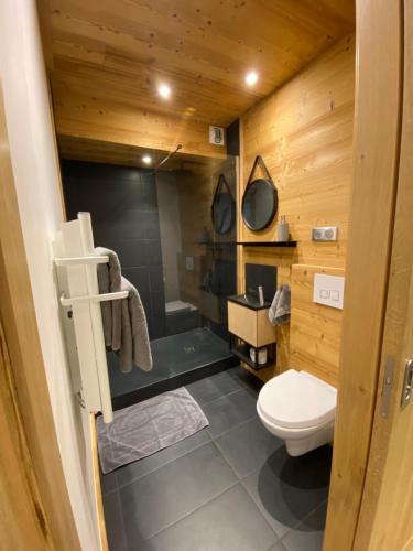 une petite salle de bain avec toilettes et lavabo dans l'établissement La cime des lacs, à Gérardmer